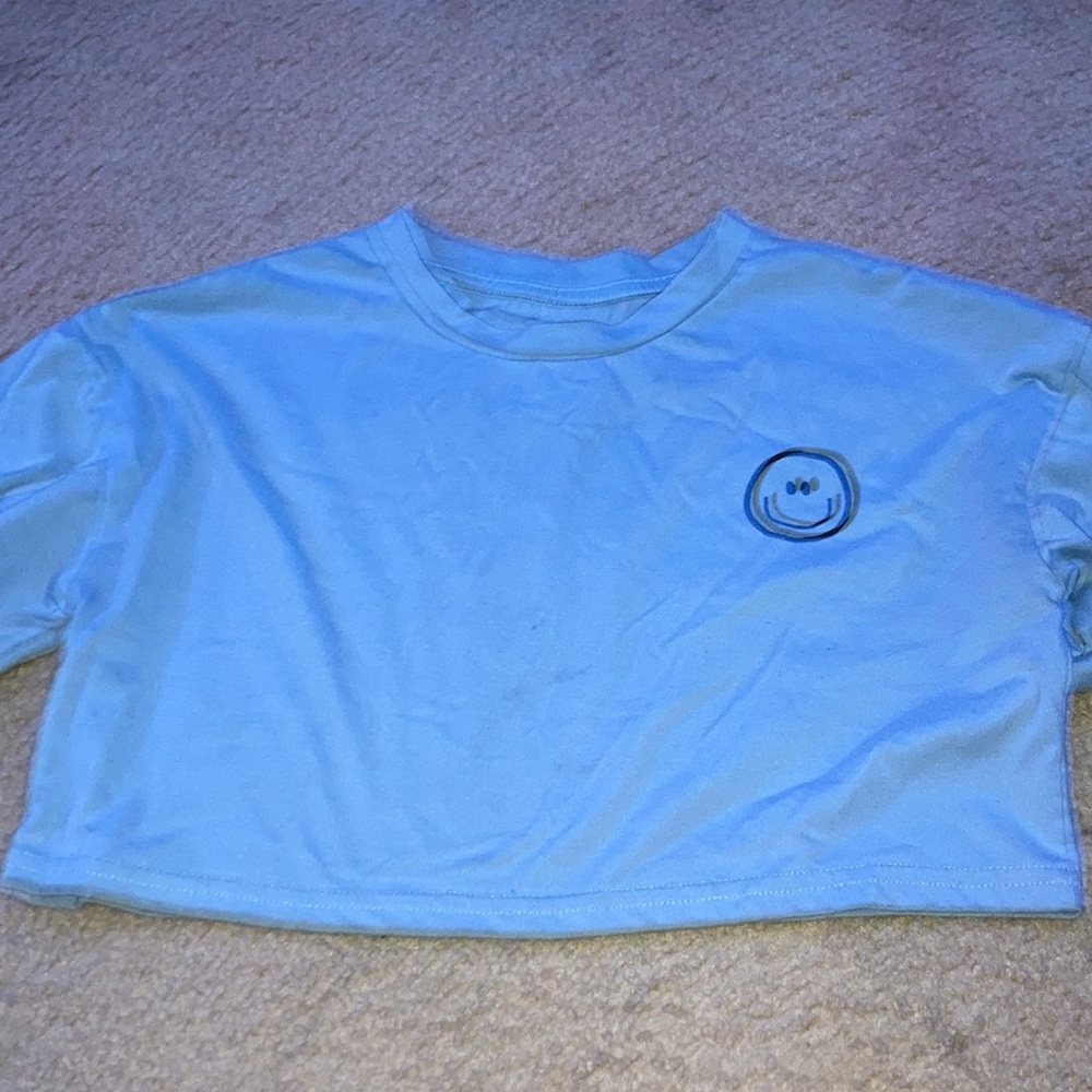 Go to sleep blue with black smiley face T-shirt is cropped from SHEIN